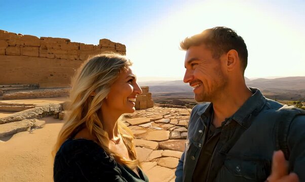 Couple in their 40s smiling at the Masada in Southern District Israel