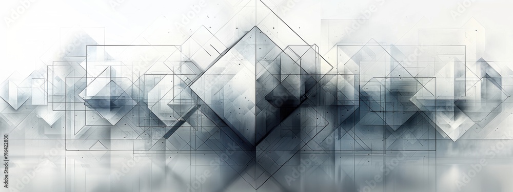 Poster simple overlapping squares with transparent effects on a white background.