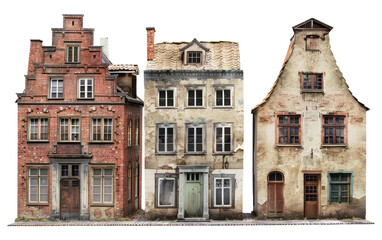 Fototapeta premium Three buildings of varying heights, with a brick building in the middle, on a street in an ancient town.