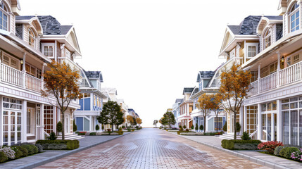 Naklejka premium A photorealistic street view of row houses on a brick road.