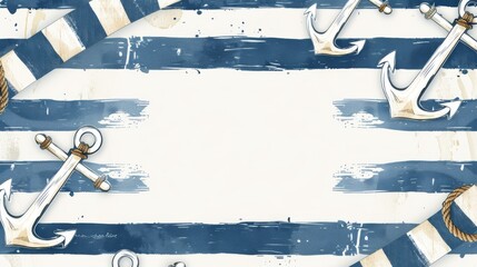 Modern minimalist nautical wedding invitation with navy blue stripes and anchor illustrations.