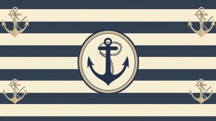 Modern minimalist nautical wedding invitation with navy blue stripes and anchor illustrations.
