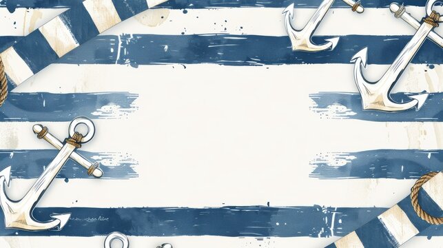 Modern minimalist nautical wedding invitation with navy blue stripes and anchor illustrations.