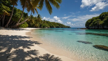 A secluded bay on a tropical island with clear waters and white sandy beaches, surrounded by tropical vegetation.
