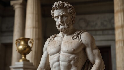 A statue of Cronus in an ancient Greek temple, with an hourglass and an ancient clock in the background.