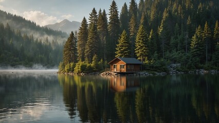 Fototapeta premium A tranquil lakeside cabin with morning mist gently drifting over the water, surrounded by tall pine trees and mountains.