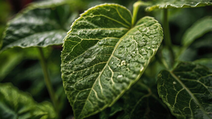 Serene and Refreshing Close-Up of a Leaf with a DSLR Camera, Macro Lens, Intricate Veins and Textures, Vibrant Green Color, Soft Natural Light, Blurred Garden Background, Photography. AI Generated