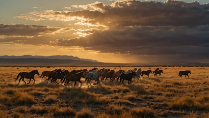 A vast prairie with herds of wild horses running at sunset, set against a golden sky.