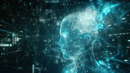 Holographic wireframe of Al's head with glowing energy waves emanating from the brain, arranged in a circuit board pattern