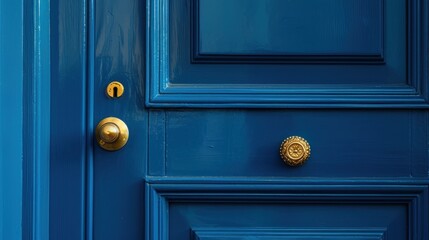 Close Up of a Blue Door with Gold Doorknobs