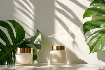 Two cosmetic cream jars in front of monstera leaves on a white background, creating a high-detail beauty product advertisement banner.