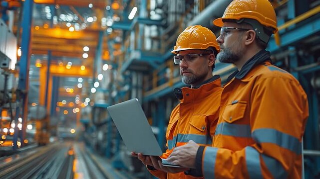 Two male engineers working as dockers in a vast industrial harbour with a cargo background are checking and examining a laptop discussion.