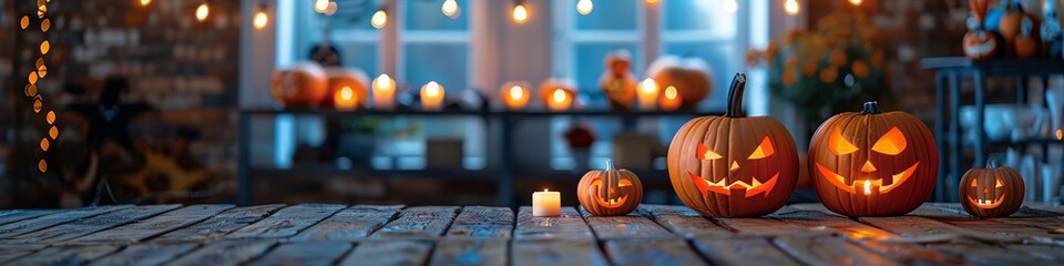 Scary carved pumpkins with flickering candles inside, surrounded by haunted house decor
