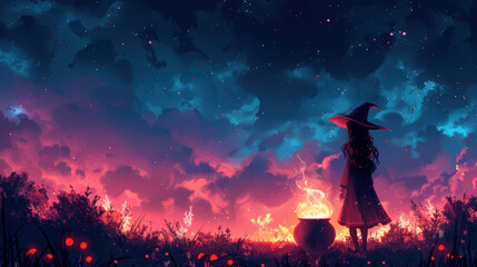 Fototapeta premium A backdrop for a Halloween banner with a copy space. A young woman in a witch costume stands in front of a bubbling fire cauldron. A Halloween concept