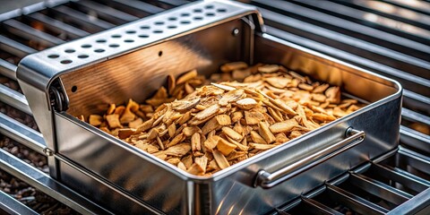 Metal smoker box filled with wood chips placed on a hot charcoal grill, smoker box, wood chips, charcoal, grilling