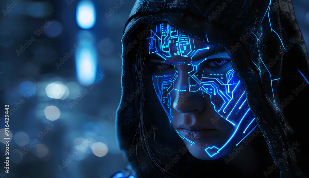 Poster a blue digital hacker with glowing binary code, ai in cybersecurity systems, threat detection algori