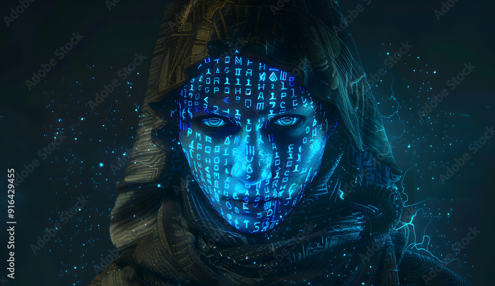 Poster a blue digital hacker with glowing binary code, ai in cybersecurity systems, threat detection algori