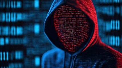 Hooded figure blending into a digital environment, with streams of code masking their face, emphasizing the tech-driven protection of anonymity