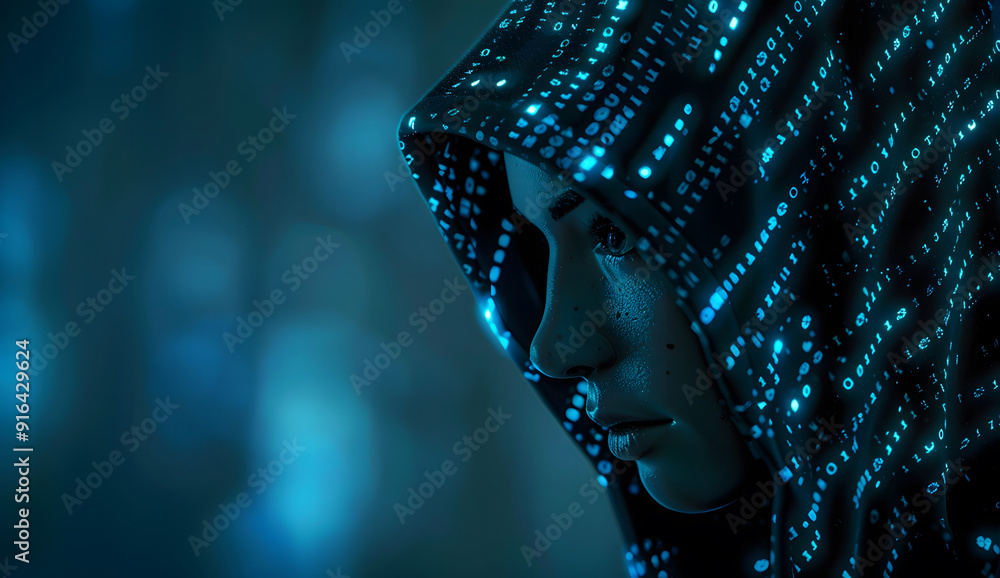 Poster a blue digital hacker with glowing binary code, ai in cybersecurity systems, threat detection algori