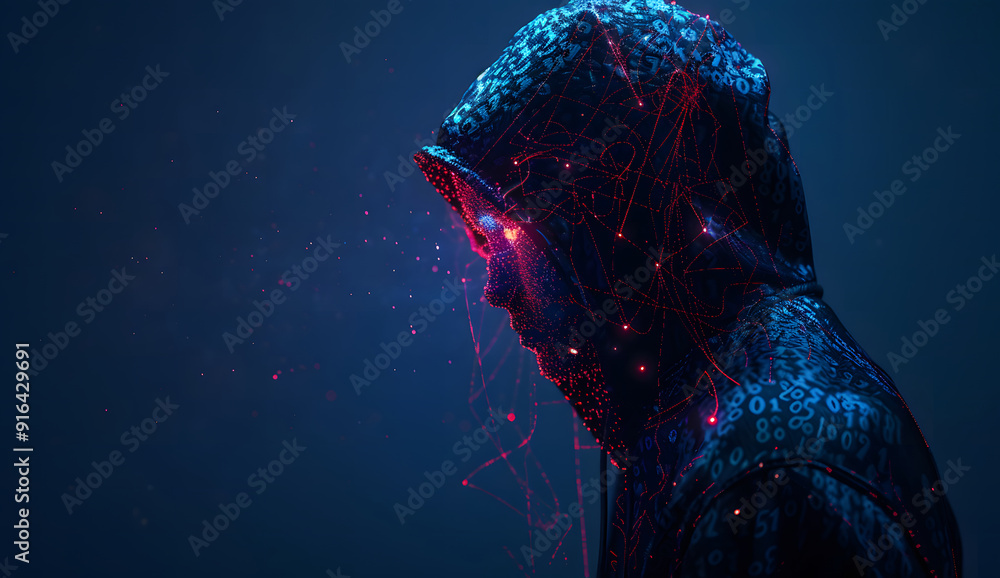 Poster a blue digital hacker with glowing binary code, ai in cybersecurity systems, threat detection algori