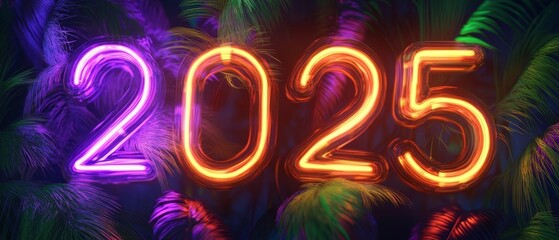 Happy New Year 2025! Neon pink and orange glowing numbers against a dark festive background. Perfect for vibrant New Year's Eve celebrations and party decor.