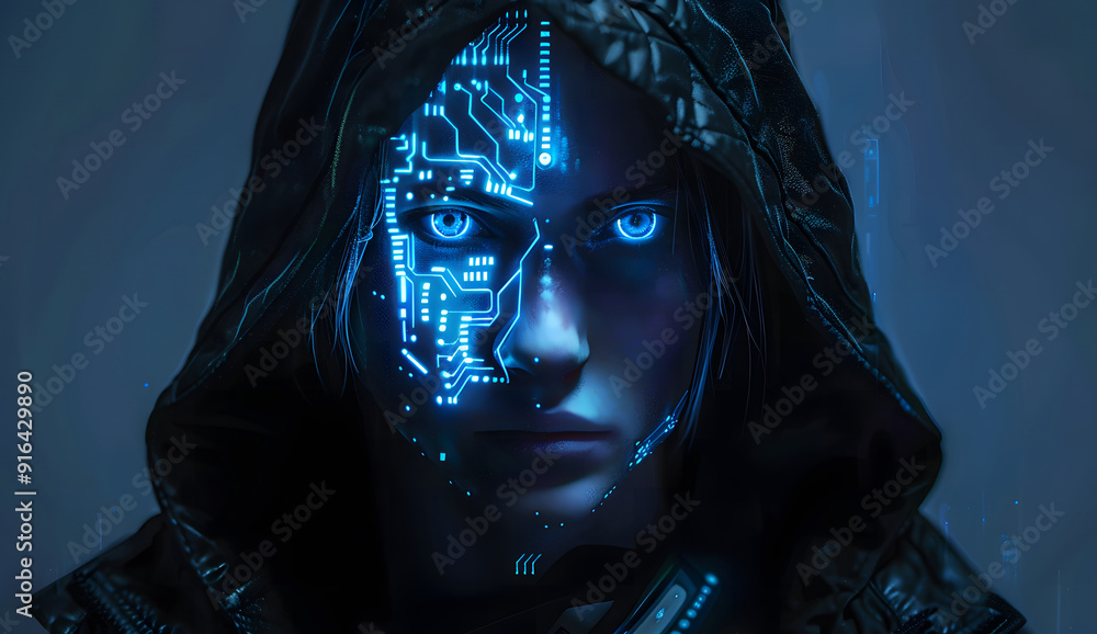 Poster a blue digital hacker with glowing binary code, ai in cybersecurity systems, threat detection algori