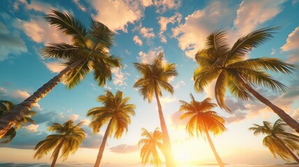 Fototapeta premium Stunning Sunset View Through Palm Trees, Vibrant Colors, Golden Light, Tropical Paradise, Palm Grove, Nature Photography, Sky, Clouds, Beach, Vacation, Travel, Summer, Holiday, Relaxation, Serenity