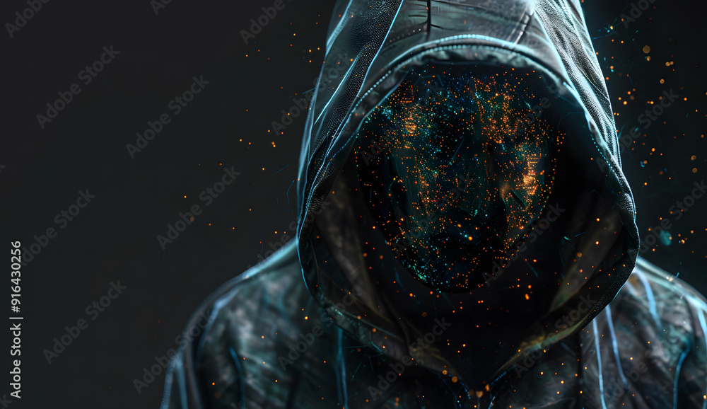 Poster a blue digital hacker with glowing binary code, ai in cybersecurity systems, threat detection algori