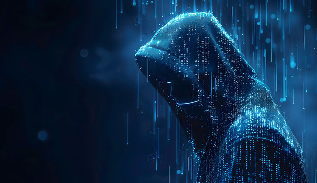 A blue digital hacker with glowing binary code, AI in cybersecurity systems, threat detection algorithms, penetration testing tools, and digital forensics analysis. cybercrime, cyber attack design