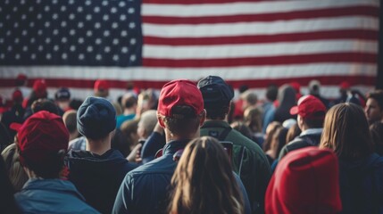 Crowd of patriots marching on the street holding the American flag