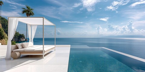 Luxurious infinity pool overlooking the ocean, with a modern outdoor lounge bed under a canopy, set amidst a serene coastal landscape.