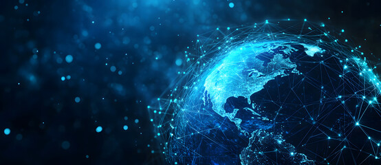 Obraz premium blue hologram globe with a world map with glowing data streams AI global communication networks, virtual reality simulations, geospatial data visualization, and interactive educational design 