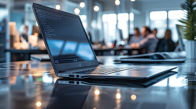 A laptop on a desk in a cozy office, with a plant and a book nearby
