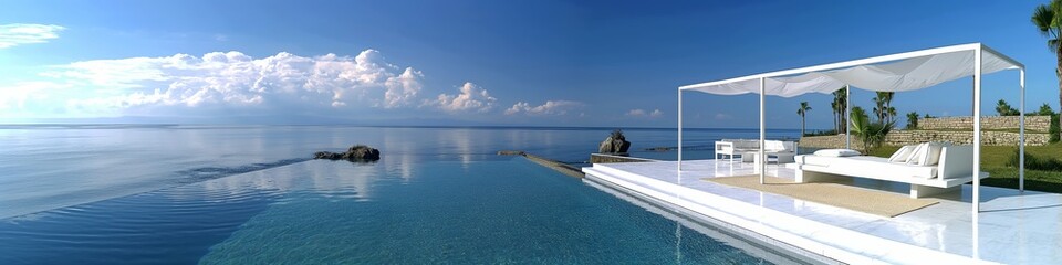 Fototapeta premium Luxurious seaside infinity pool with modern lounge area offering breathtaking views under a clear blue sky.
