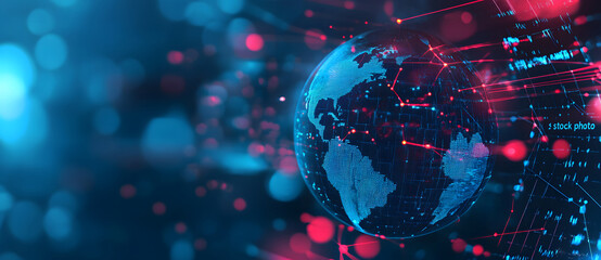 blue hologram globe with a world map with glowing data streams AI global communication networks, virtual reality simulations, geospatial data visualization, and interactive educational design 