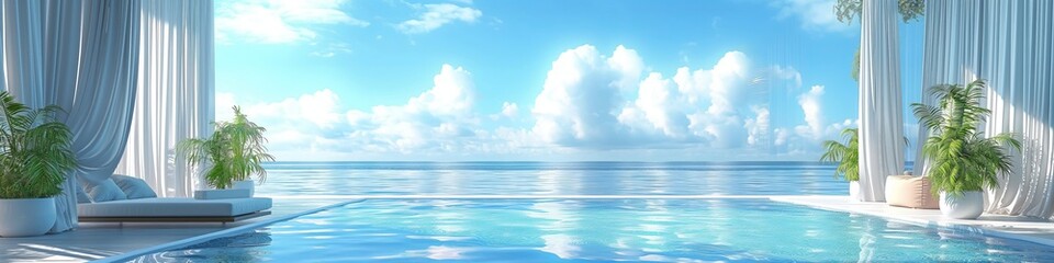 Fototapeta premium Luxurious seaside resort with an infinity pool, elegant curtains, and a stunning ocean view under a bright blue sky with fluffy clouds.