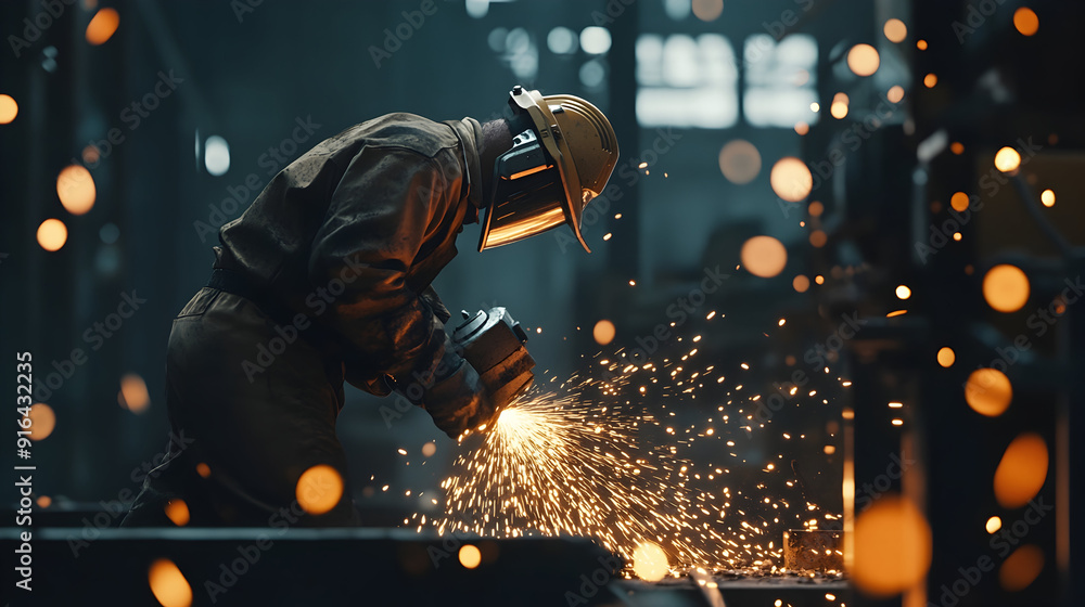 Poster 1. industrial employee operating an angle grinder.. generative ai