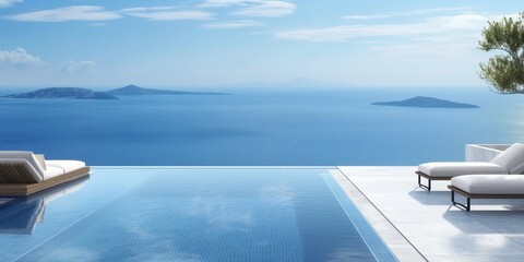 Luxury infinity pool overlooking serene ocean with distant islands, clear blue sky, and modern lounge chairs for relaxation and tranquility.