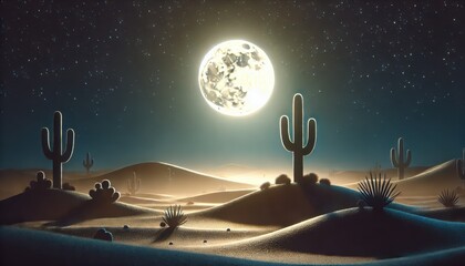 Naklejka premium Desert Night with Full Moon, Stars and Cactus Silhouettes.