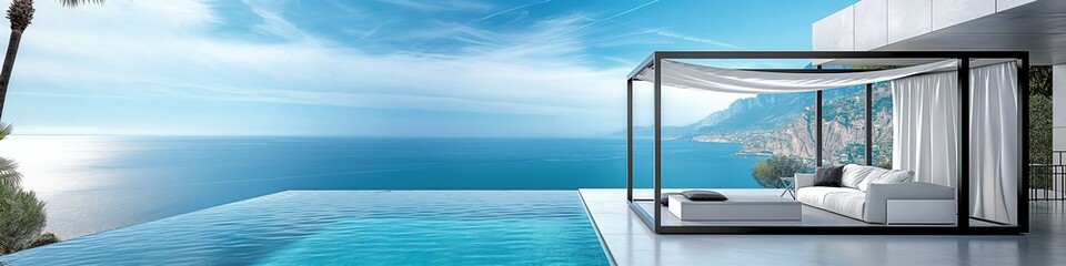 Fototapeta premium Luxury villa with an infinity pool overlooking the ocean, modern architecture and breathtaking sea view under a clear blue sky.