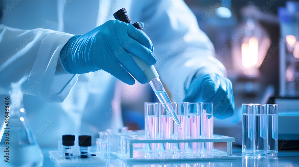 Poster 1. a laboratory technician is involved in the operation of advanced machinery within a sterile and r
