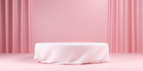 White rectangular pedestal on a pink satin fabric background with copy space.