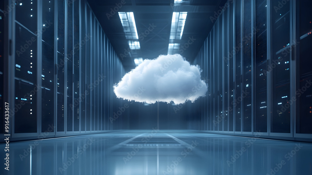 Poster large cloud within a data center. sustainable data computing background.