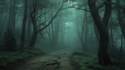 Fototapeta premium Creepy Forest Scenes: Dense woods shrouded in mist with ominous pathways and ample copy space