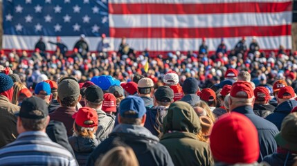 Crowd of patriots marching on the street holding the American flag