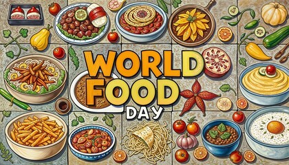 An artistic illustration of a food collage, with images of famous international dishes creatively arranged in a mosaic pattern to honor World Food Day. Multiple variations available
