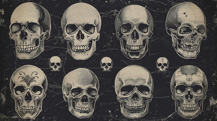 Skulls and Bones: Detailed skull illustrations and bone patterns against a textured dark background