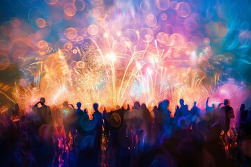 Abstract visualization of fireworks display with silhouetted crowd, representing communal excitement