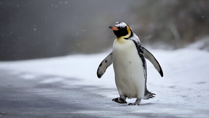 Fototapeta premium A penguin is walking with a snowstorm and bad weather condition
