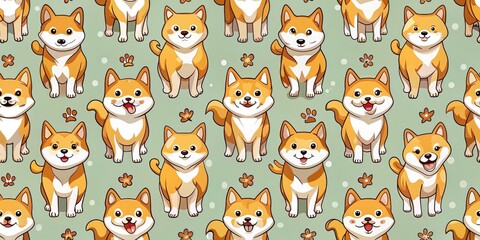 Fototapeta premium Seamless pattern featuring cute shiba inu dogs in various poses, shiba inu, seamless, pattern, dogs, cute, playful, animal